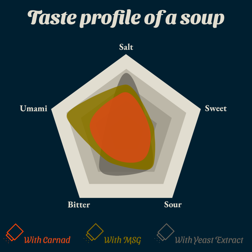 A photo of the taste profile of a soup. Carnad products can almost deliver the same taste as using MSG or Yeast extract.