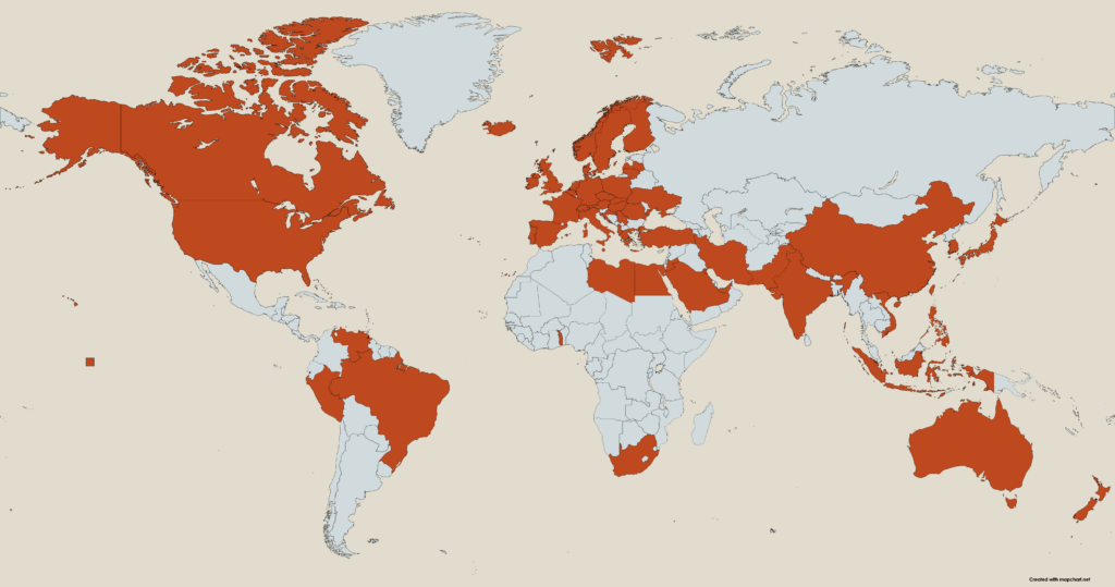 World map of all the countries where Carnad products are shipped.