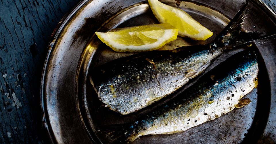 A photo of fish and two slices of lemon on a plate.